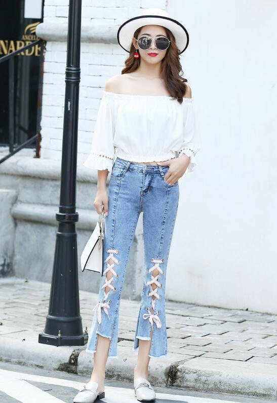 SZ60160 Fashion Women Flare Split Hem Slim Denim Jeans